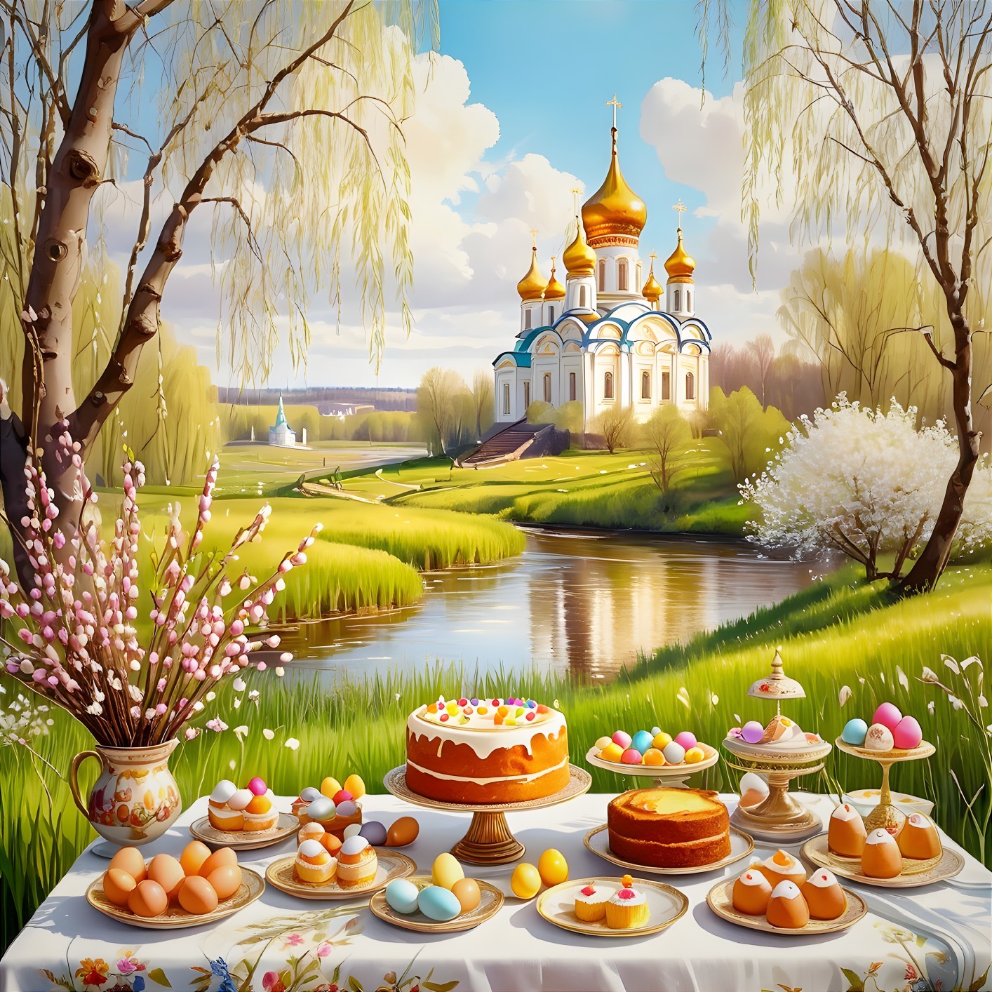 Spring Scene with River, Church, and Festive Table