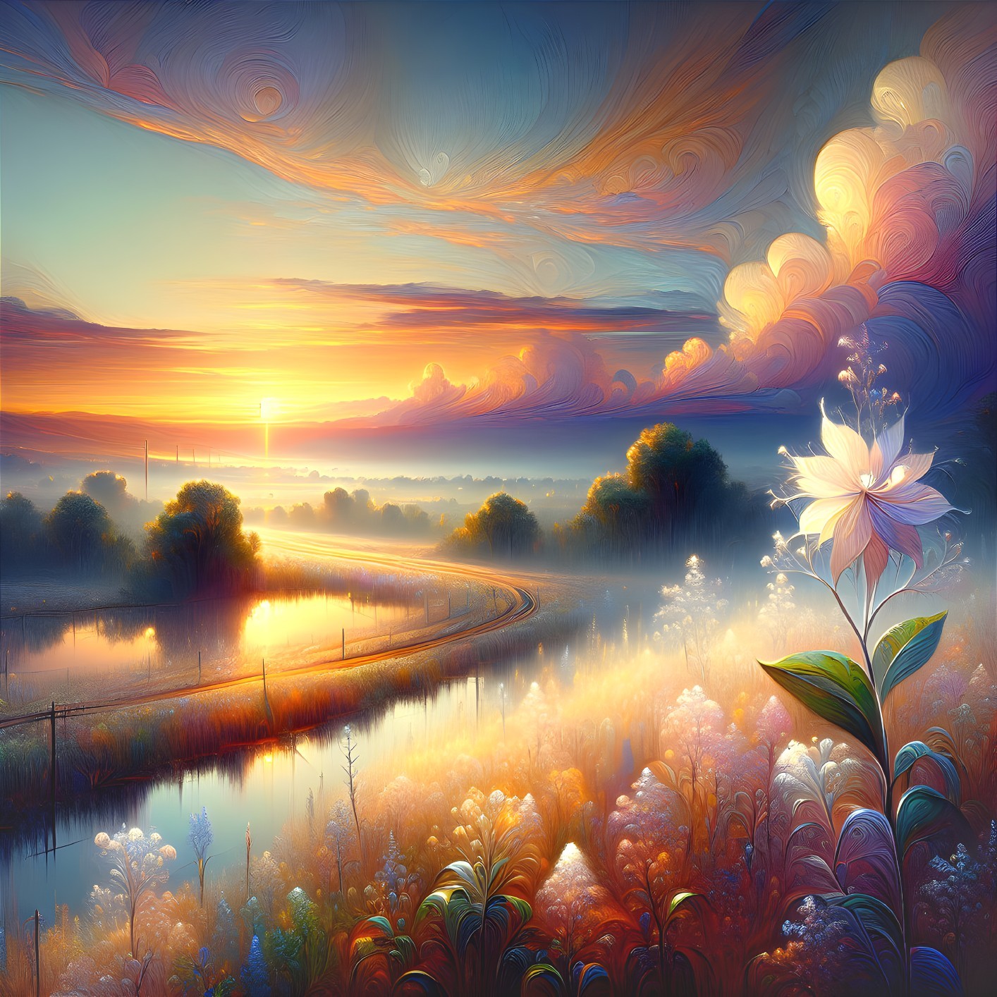 Serene Sunrise Landscape with River and Flowers