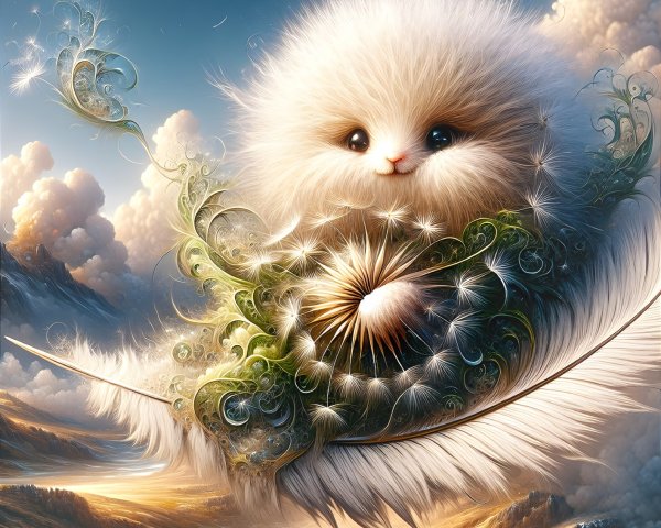 Fluffy Creature in Whimsical Greenery and Clouds