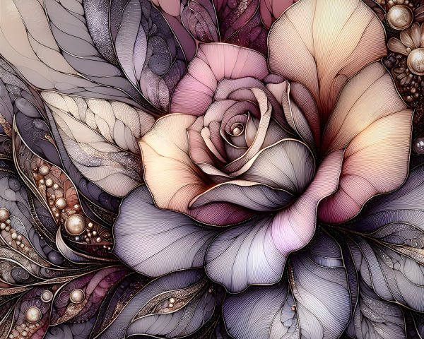 Intricate Rose Artwork with Pastel and Metallic Tones