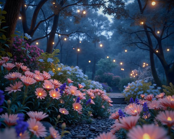 Serene Garden Path with Glowing String Lights