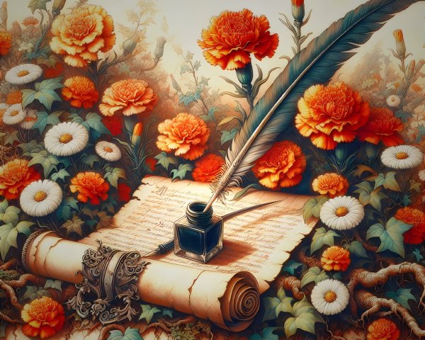 Ornate Ink Bottle and Quill with Vibrant Flowers