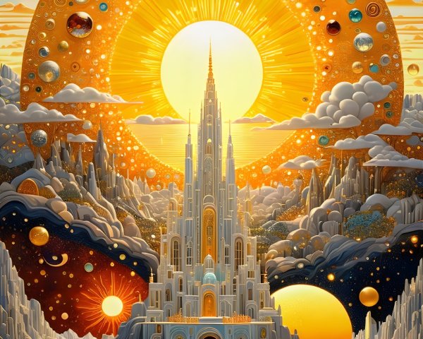 Majestic Castle Surrounded by Colorful Celestial Bodies