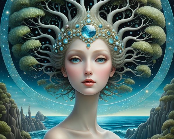 Mystical Figure with Nature-Inspired Hair and Gown