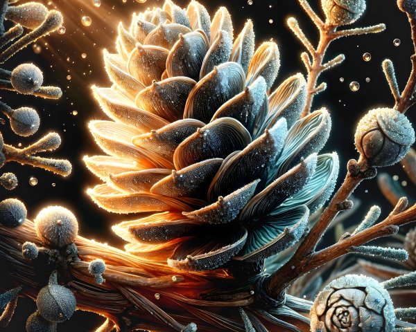 Detailed Pine Cone on Branch with Water Droplets