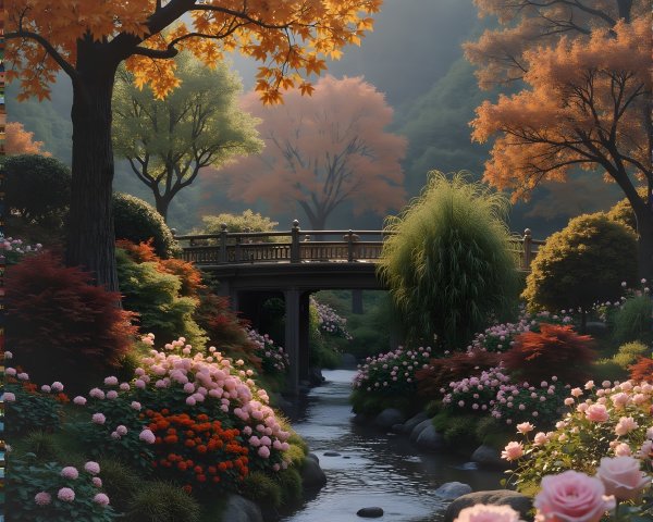 Serene Autumn Garden with Vibrant Colors and Stream