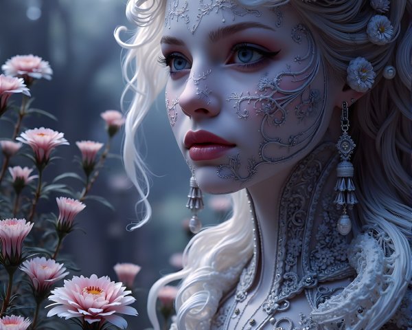 Portrait of a Young Woman Amidst Pink Flowers