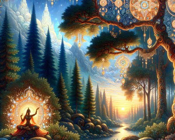 Serene Mystical Landscape with Meditation Figure at Sunset