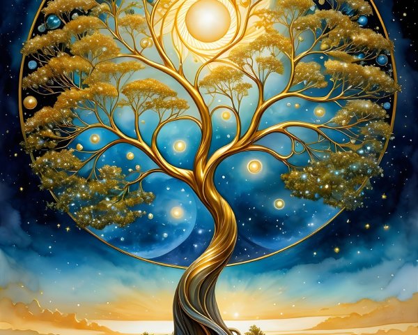Majestic tree against cosmic backdrop with glowing leaves