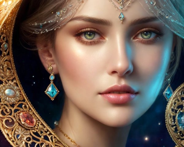 Young woman with green eyes and ornate golden headdress