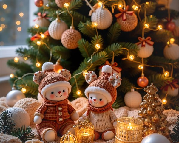 Cozy Snowman Figurines by a Decorated Christmas Tree