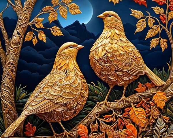Golden Birds on Branch with Autumn Leaves and Moonlight