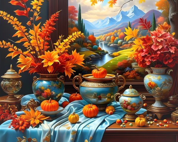 Vibrant Autumn Table Decor with Foliage and Pumpkins