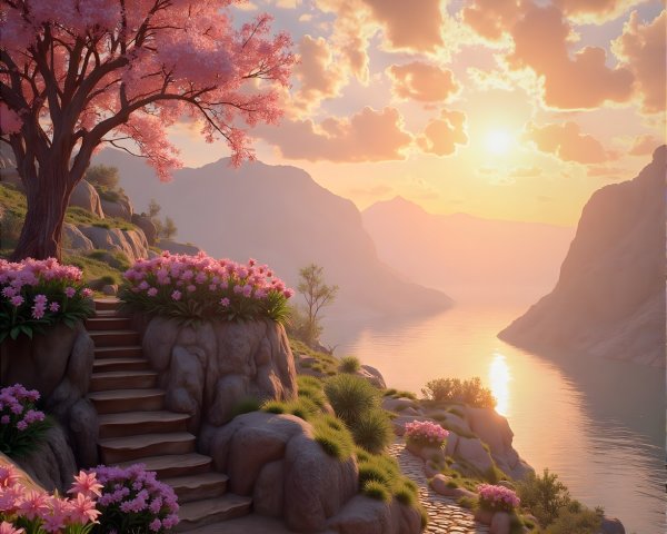 Serene Landscape with Winding Path and Tranquil Lake