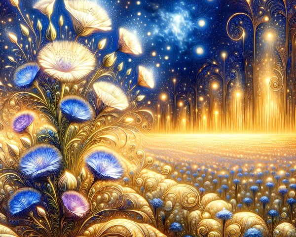 Vibrant Dreamlike Landscape with Blue and Gold Flowers