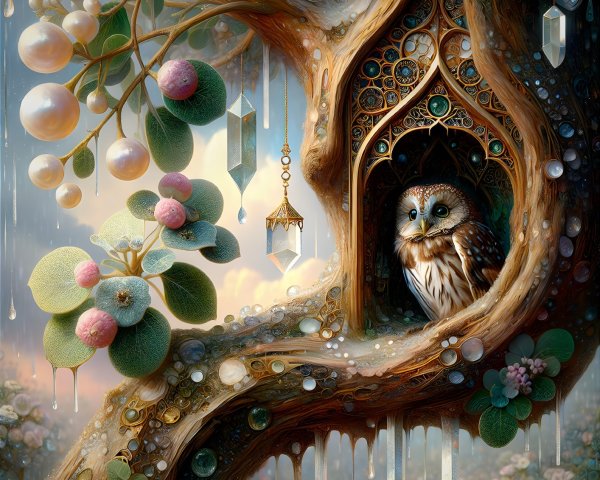Whimsical Tree with Intricate Branches and Owl Nest