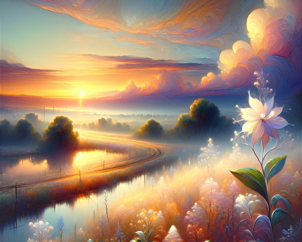 Serene Sunrise Landscape with River and Flowers