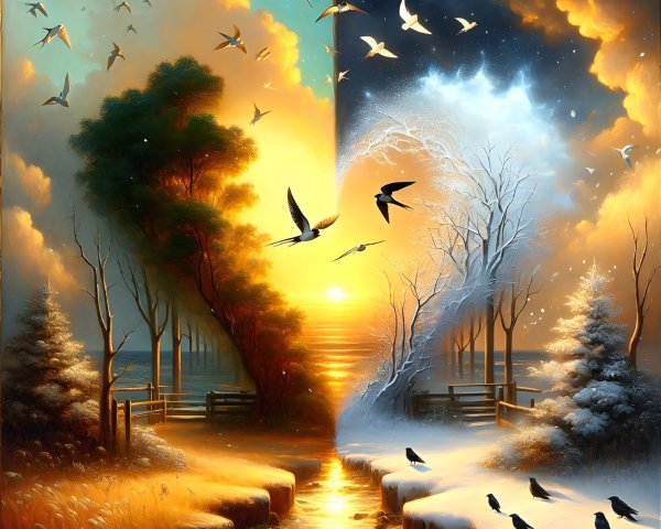 Split Landscape of Autumn and Winter Scenes