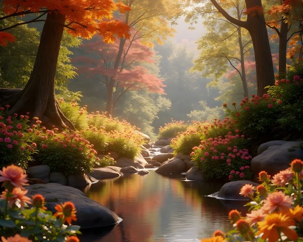 Serene Autumn Forest with Stream and Vibrant Foliage