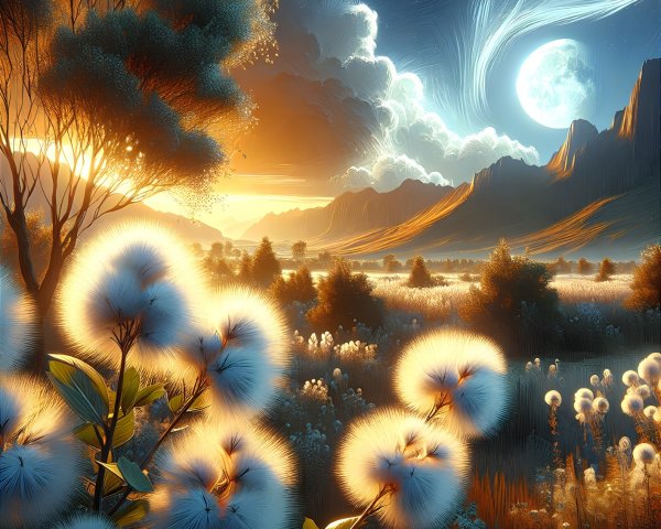 Golden Light Landscape with Mountains and Moon