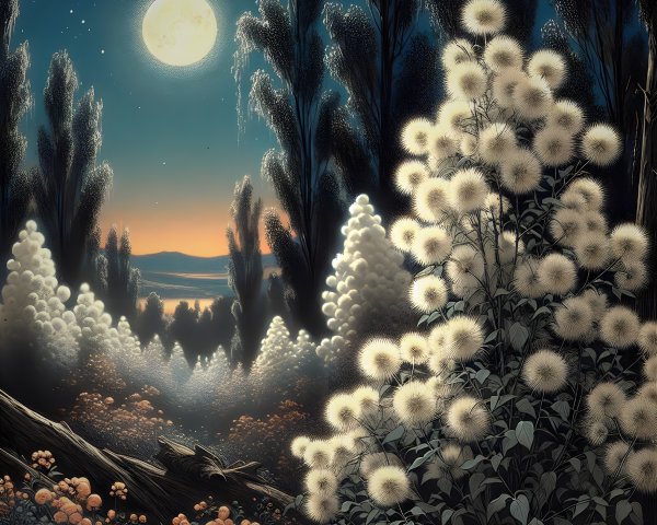 Serene Moonlit Landscape with Lush Blooms and Water