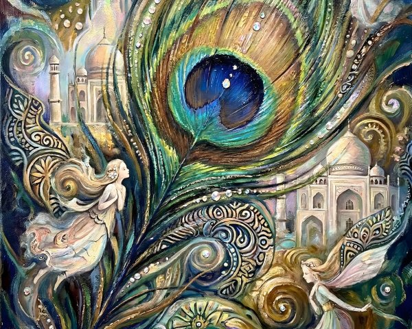 Oil Painting of a Peacock Feather with Dancing Fairies
