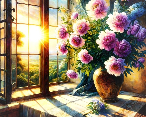 Pink Peonies in Decorative Vase on Sunlit Windowsill