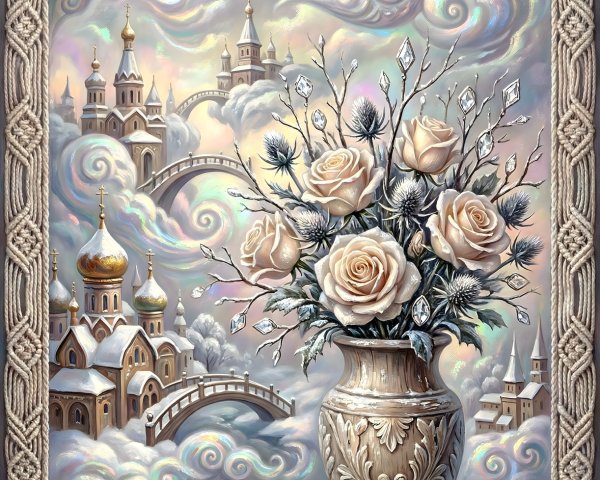 Winter Wonderland Oil Painting with Roses and Castle City