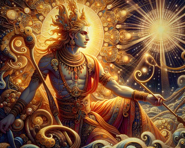 Majestic figure in golden armor with bow and light backdrop