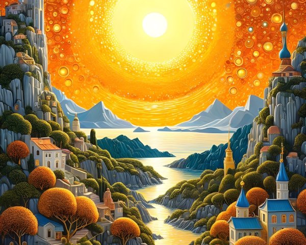 Magical Landscape with Vibrant Suns and Lush Trees