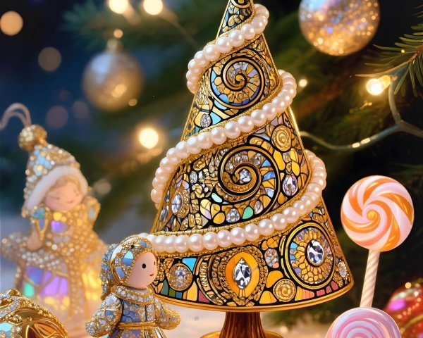 Golden Christmas Tree Figurine with Colorful Lollipops