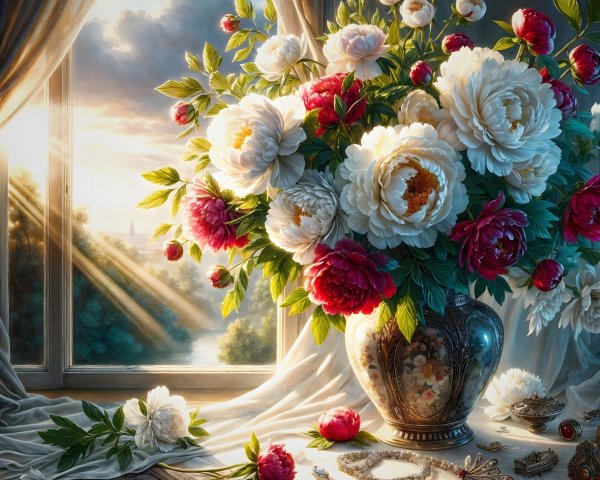 Lavish Bouquet of Peonies in Vintage Vase Setting