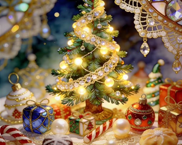 Festive Still Life Featuring Christmas Tree and Ornaments