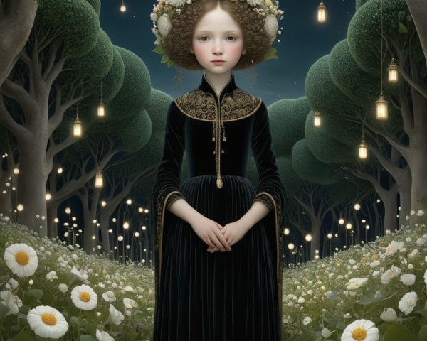 Young girl in enchanted forest with blooming daisies