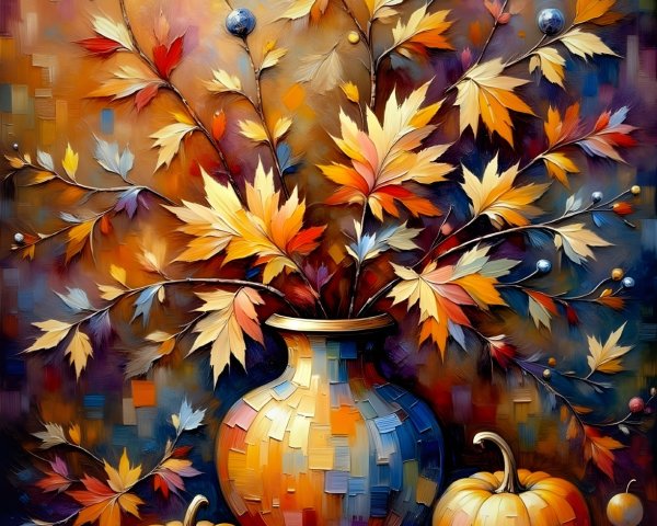 Autumn Still Life with Vase, Leaves, and Pumpkins