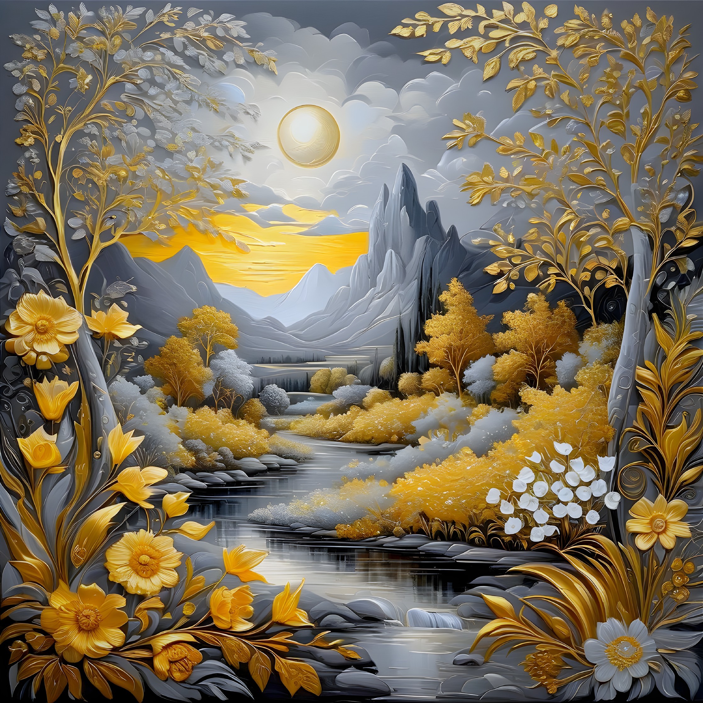 Serene Nature Scene with Gray, Gold, and White Tones