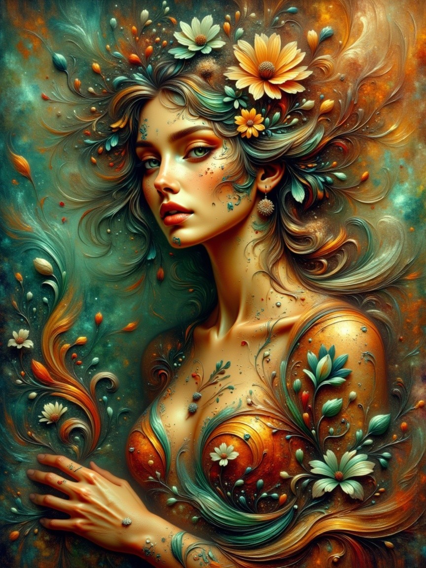 Portrait of a woman with floral hair decorations