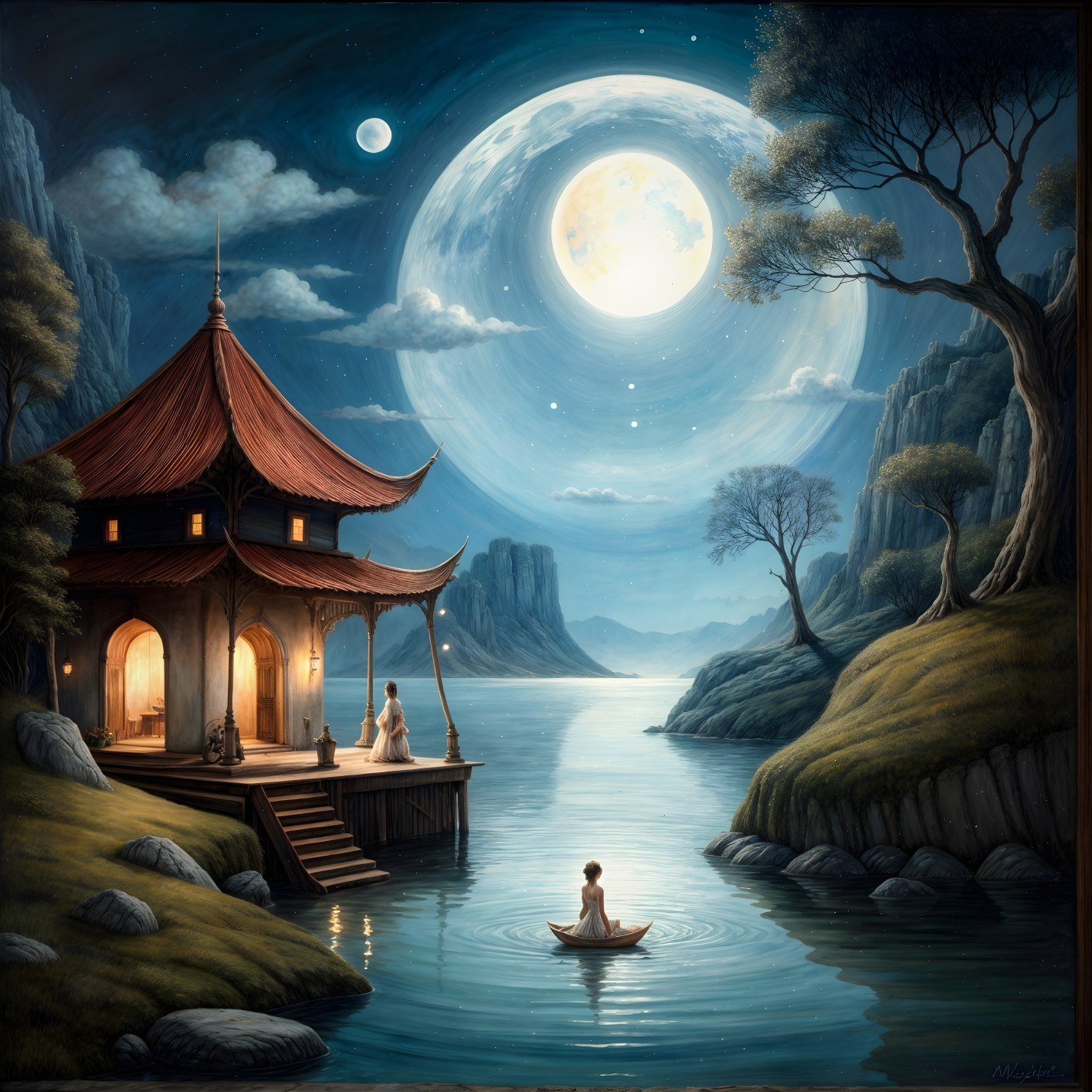 Serene Asian Pavilion by Moonlit Lake Landscape