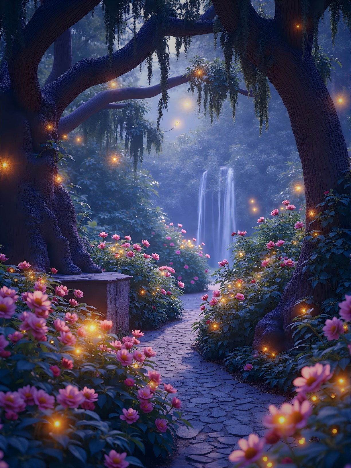 Serene Pathway in an Enchanted Garden Setting