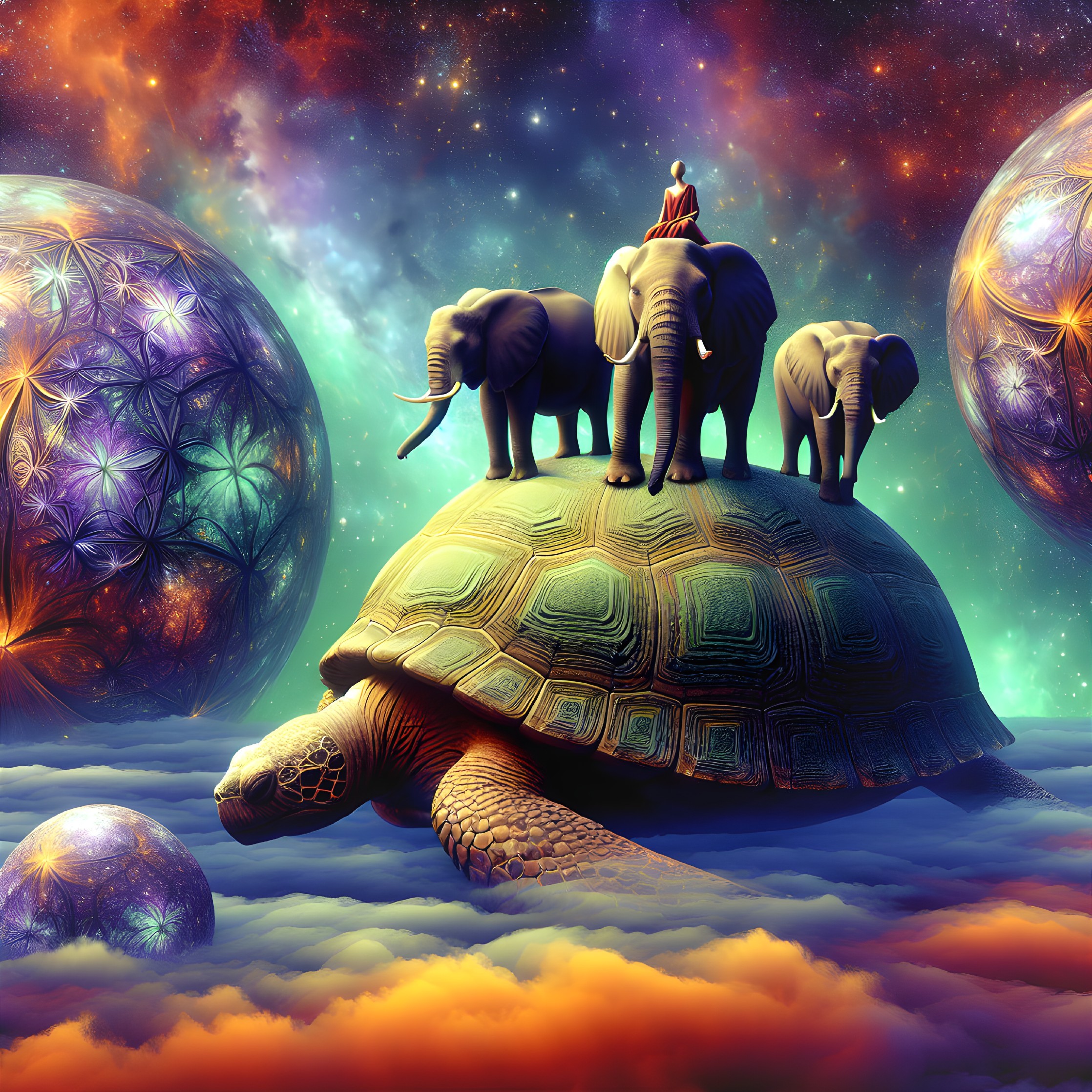 Surreal Cosmic Landscape with Floating Turtle and Elephants