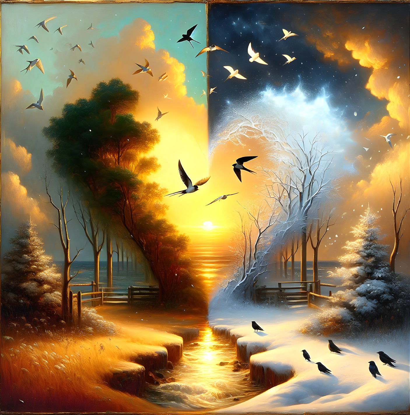 Split Landscape of Autumn and Winter Scenes