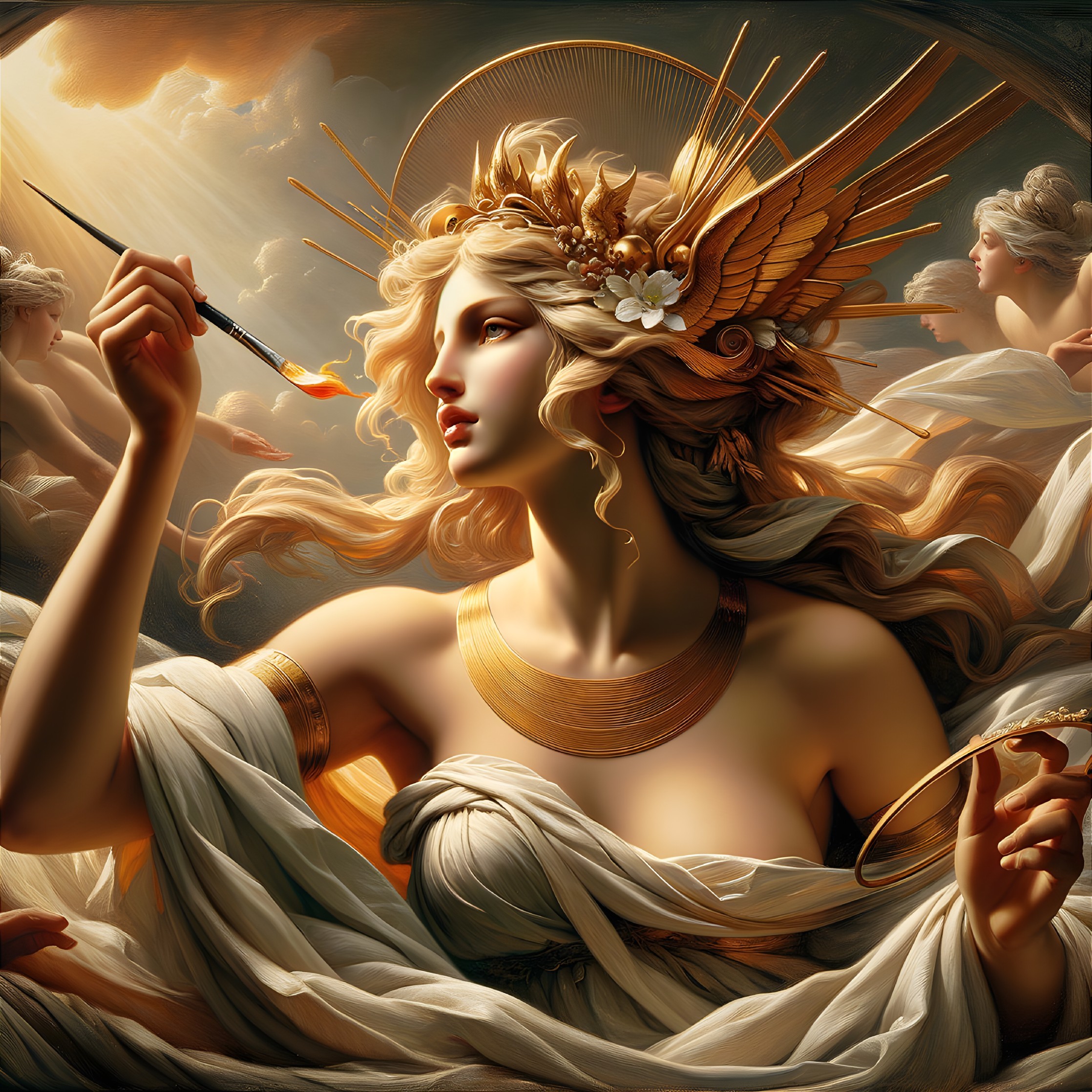 Ethereal figure with golden accents and celestial beings