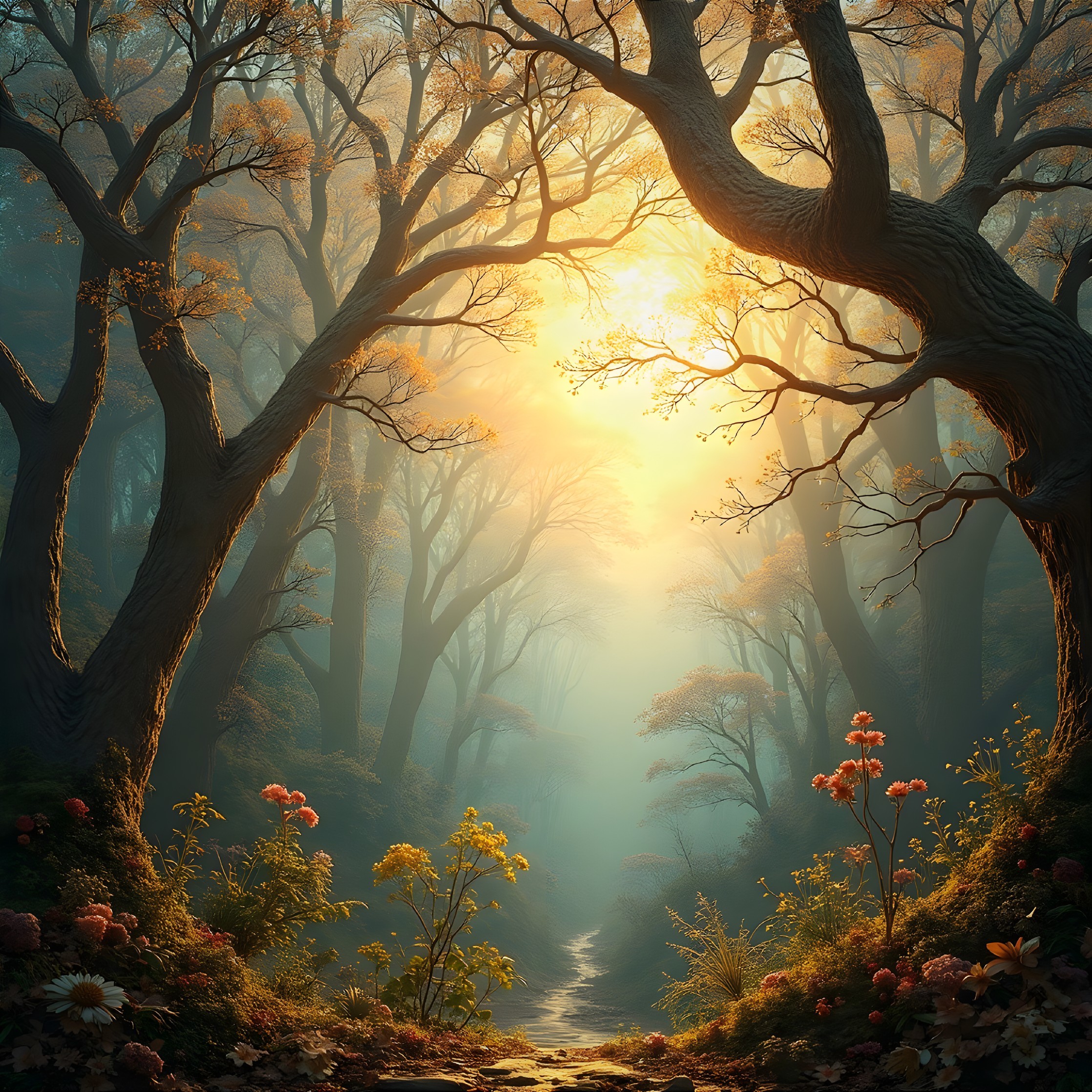 Serene forest scene with light, shadow, and wildflowers