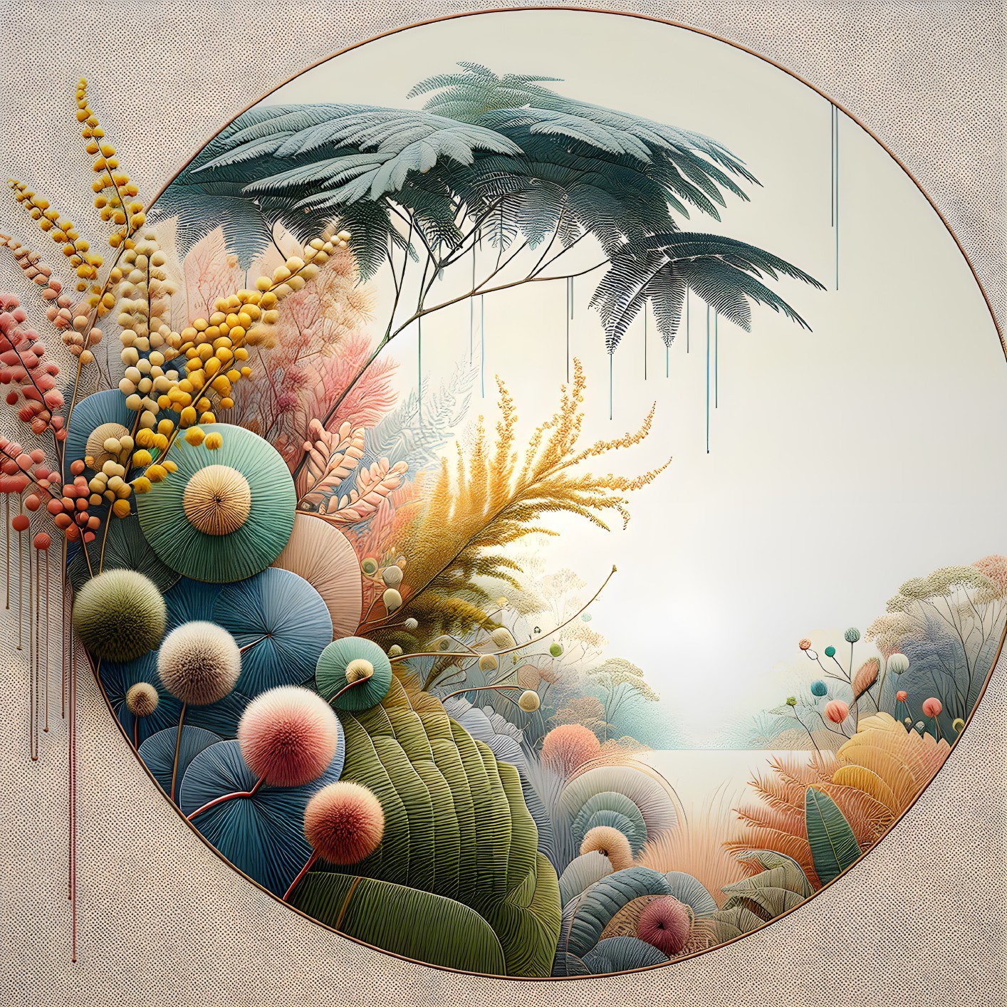 Serene Circular Landscape with Vibrant Flora and Colors