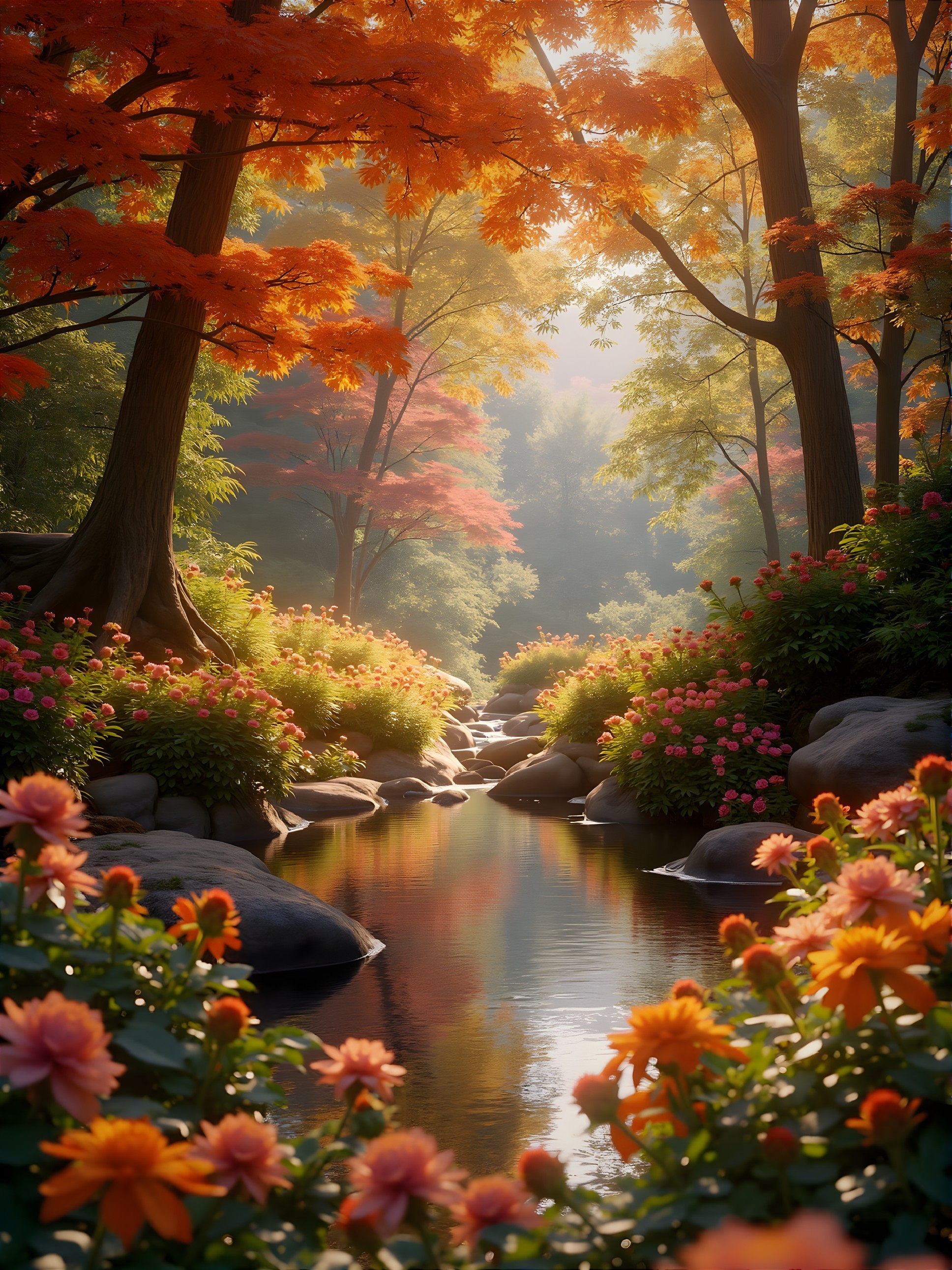 Serene Autumn Forest with Stream and Vibrant Foliage