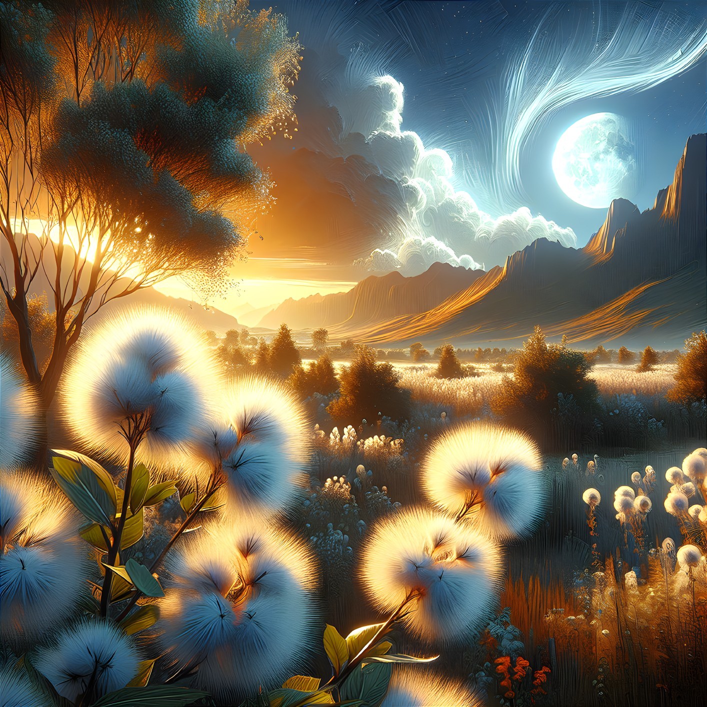 Golden Light Landscape with Mountains and Moon