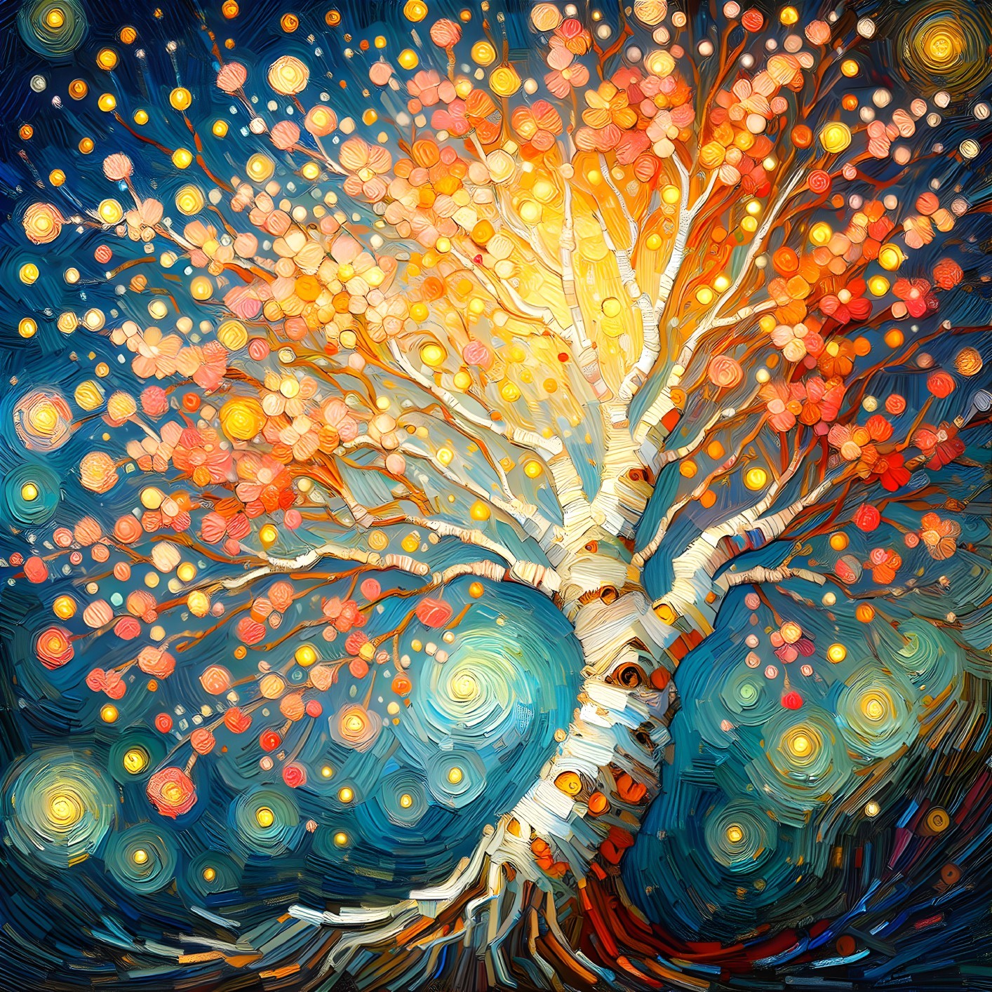Vibrant Tree with Glowing Blossoms in Night Sky