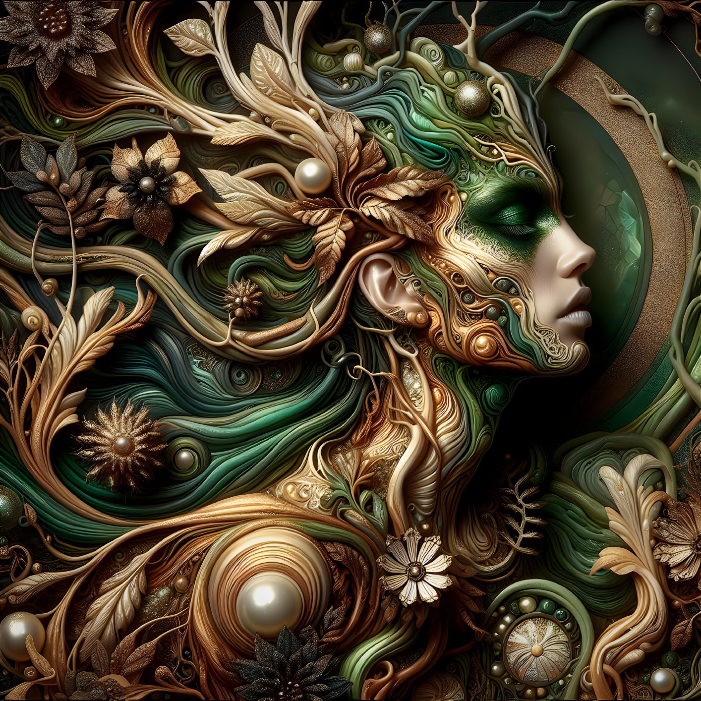 Intricate Portrait of a Female Face with Nature Elements
