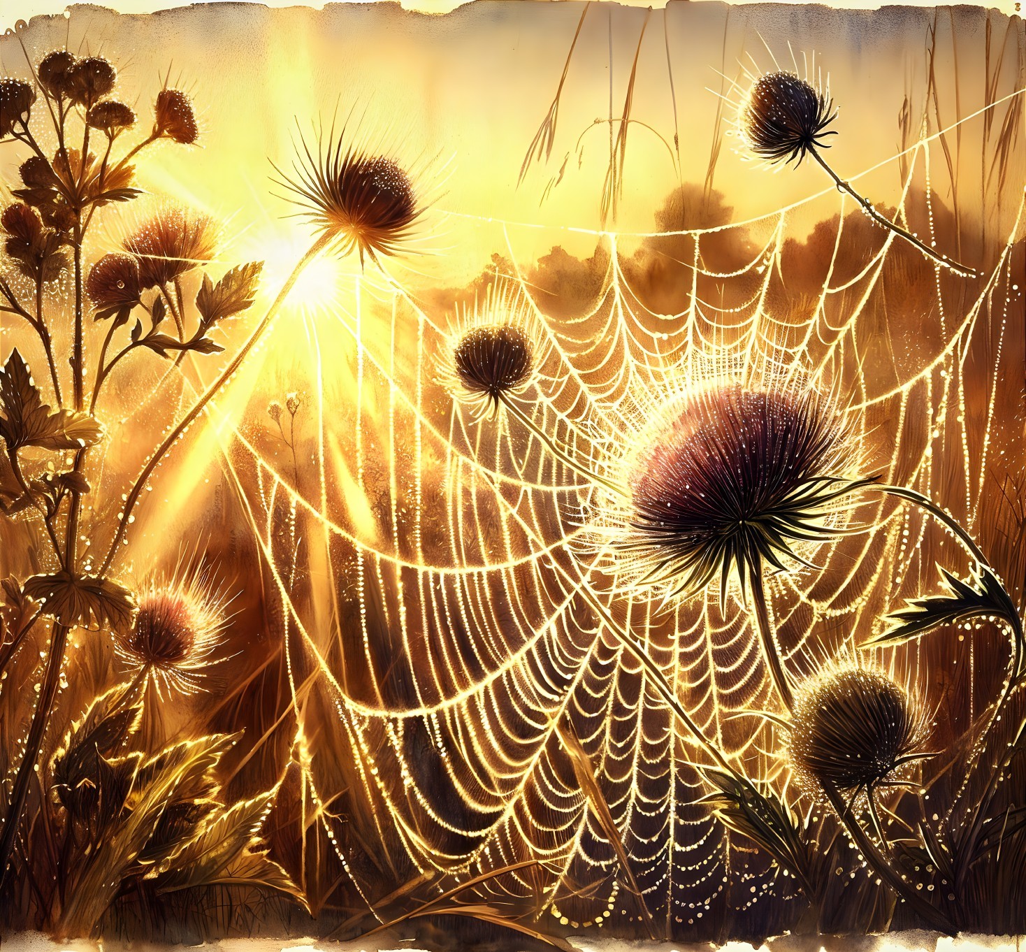 Dawn Landscape with Thistle Flowers and Dewy Webs