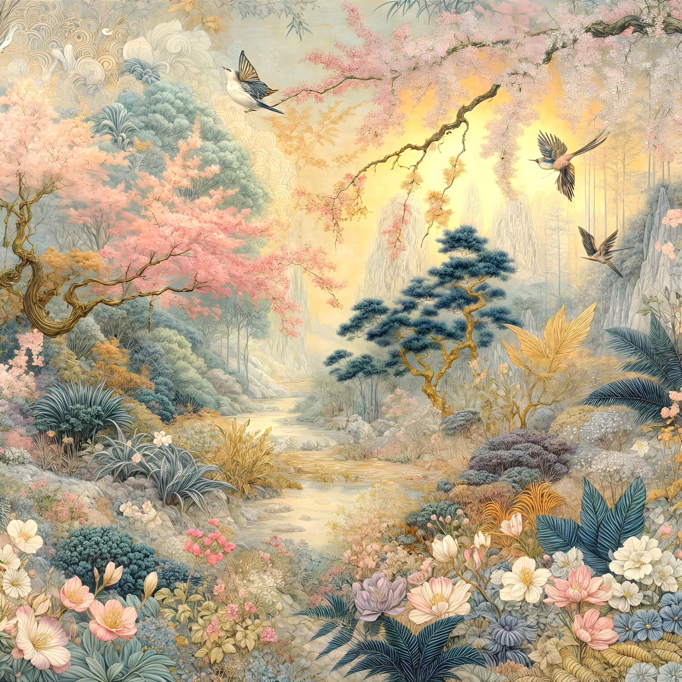 Serene Landscape with Cherry Blossoms and Mountains